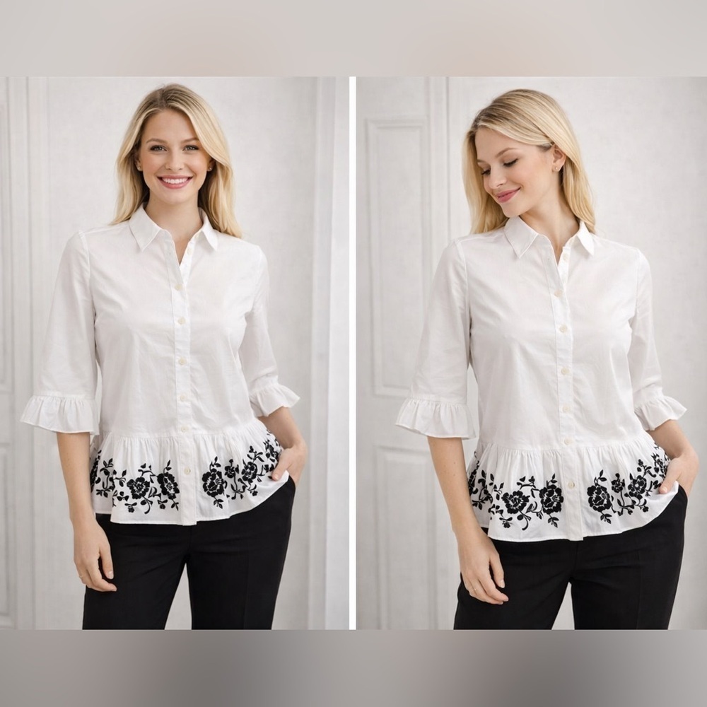 Kate Spade White Blouse Bell Sleeve Peplum Black Embroidery Size XS